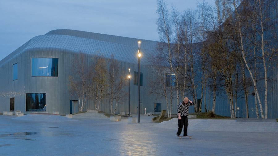 View from bridge towards skatable landscape at Riverside Museum. 