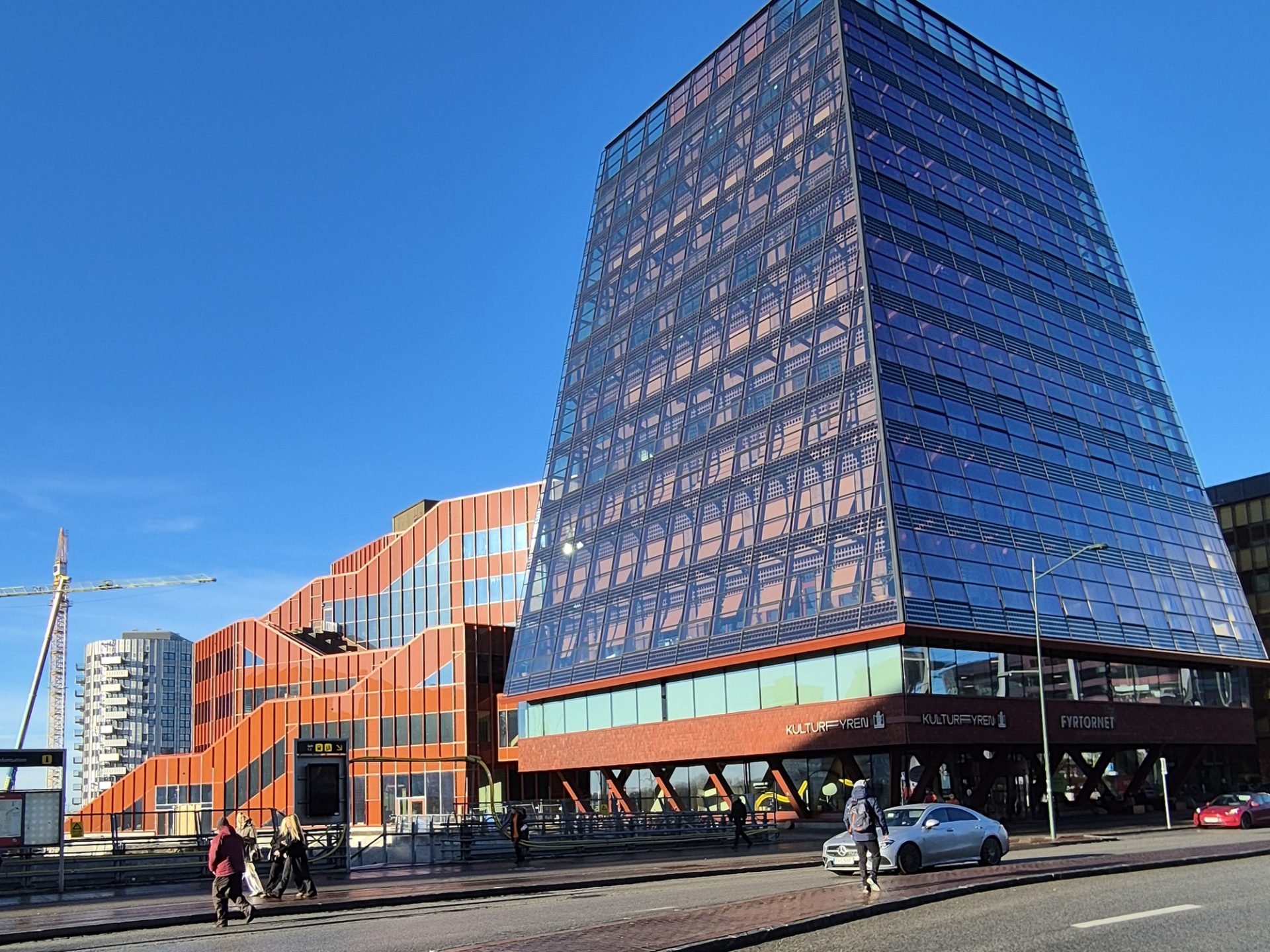 The lighthouse building is an elegant tower at the station square of Hyllie.